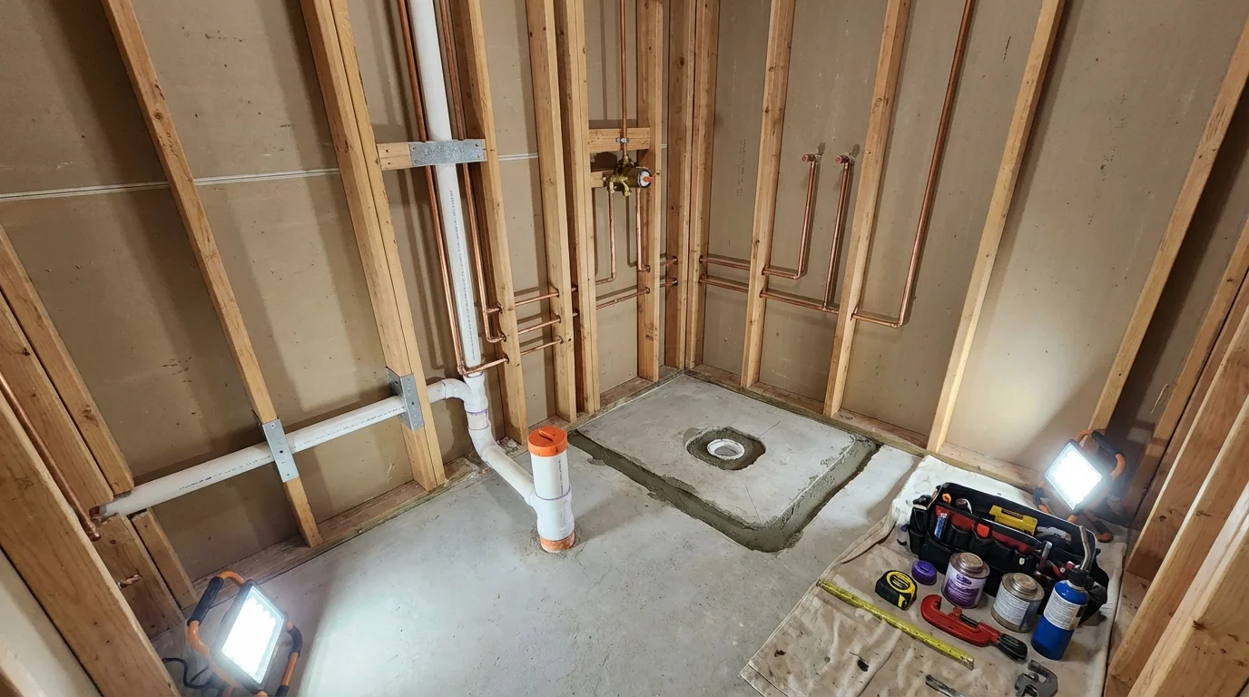 Bathroom rough-in plumbing during remodel by Johns Plumbing LLC in Topton