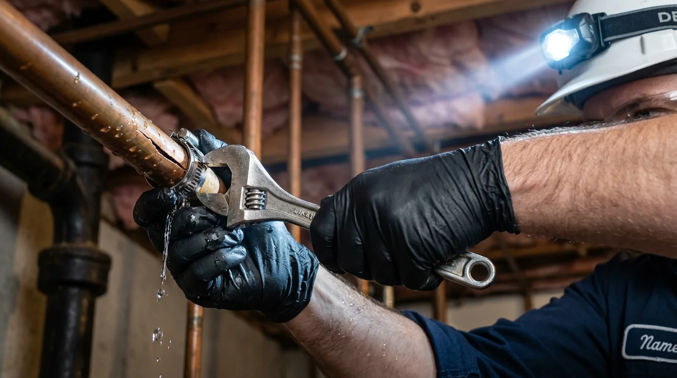 Emergency pipe clamp repair being performed by a Johns Plumbing LLC plumber in Topton