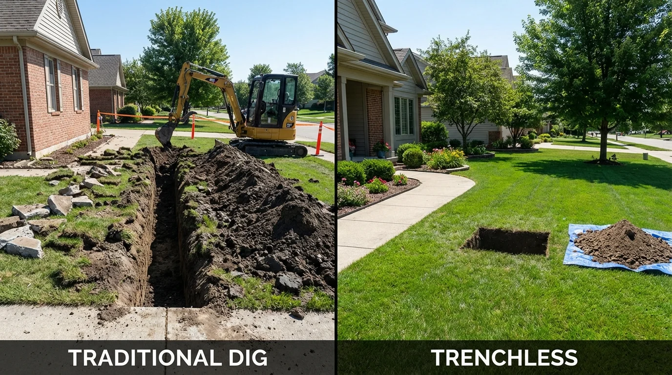 Trenchless sewer repair with minimal yard damage versus traditional excavation in Topton, PA