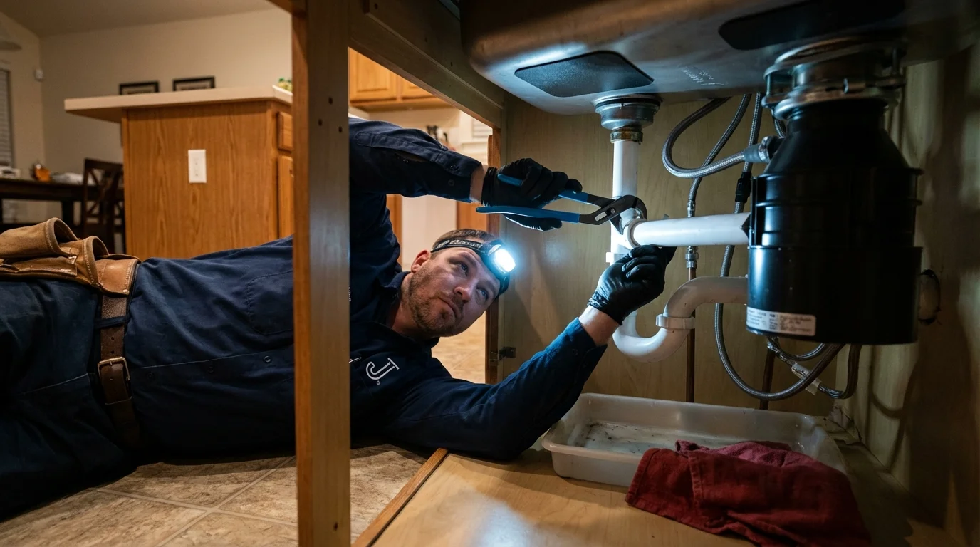P-trap and supply line connections under a kitchen sink showing a common leak point in Topton, PA