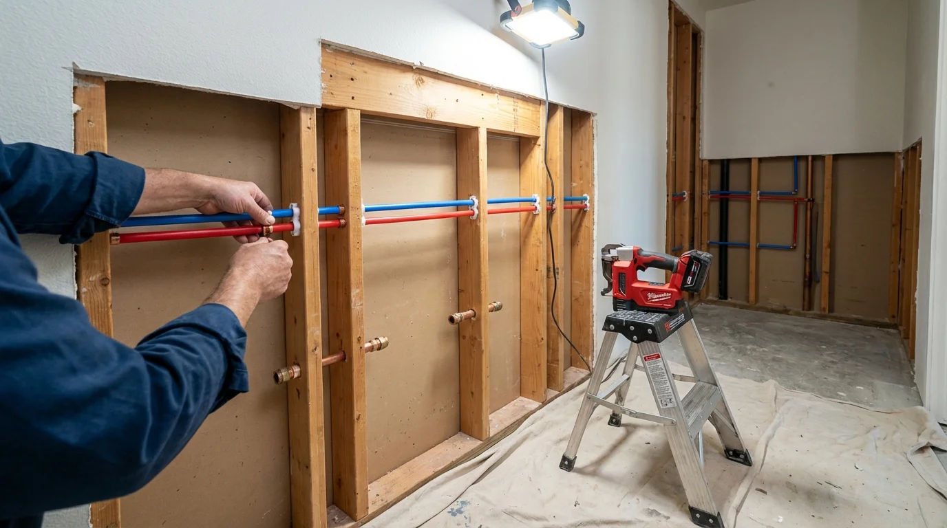 Old galvanized pipes being replaced with modern PEX piping during a whole-house repipe in Topton, PA